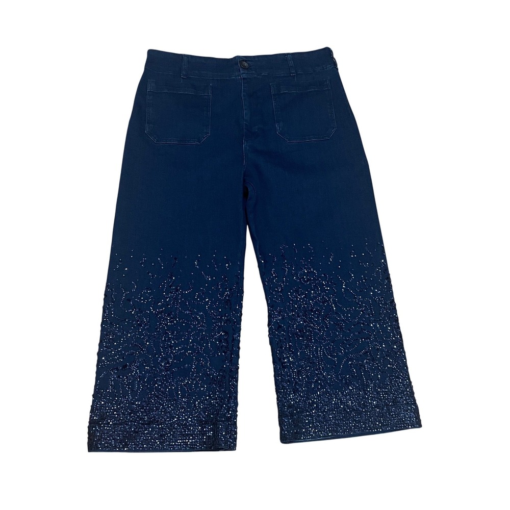 Maeve 34P The Colette Sequin Ombre Hem Wide Leg Cropped Jeans Indigo Blue